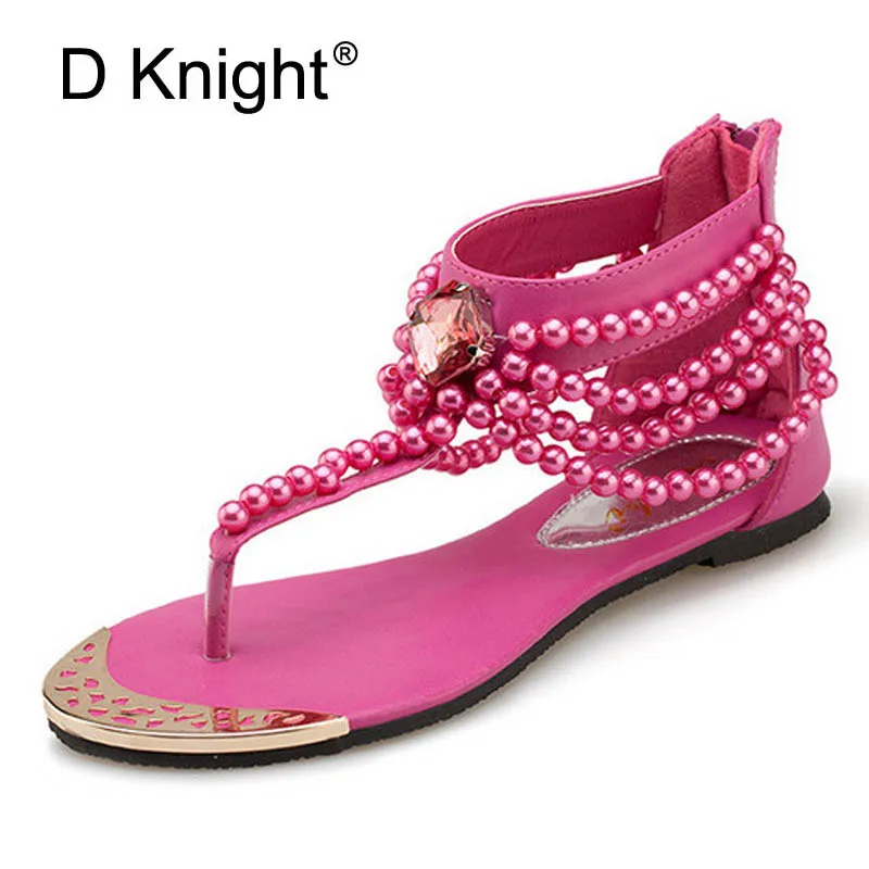 

2018 String Beaded Gladiator Sandals Women T-Strap Flip Flops Summer Bohemia Flats Shoes Woman Crystal Pearl Casual Women Shoes