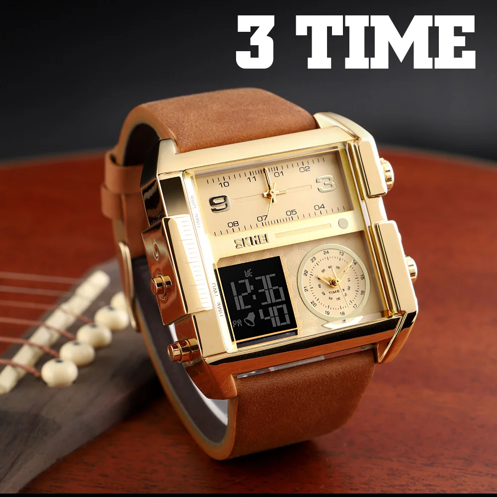 SKMEI Luxury Watch Men Quartz Wristwatches 3Bar Waterproof Leather Strap Big Dial Business LED Digital Sport Clock New | Наручные часы