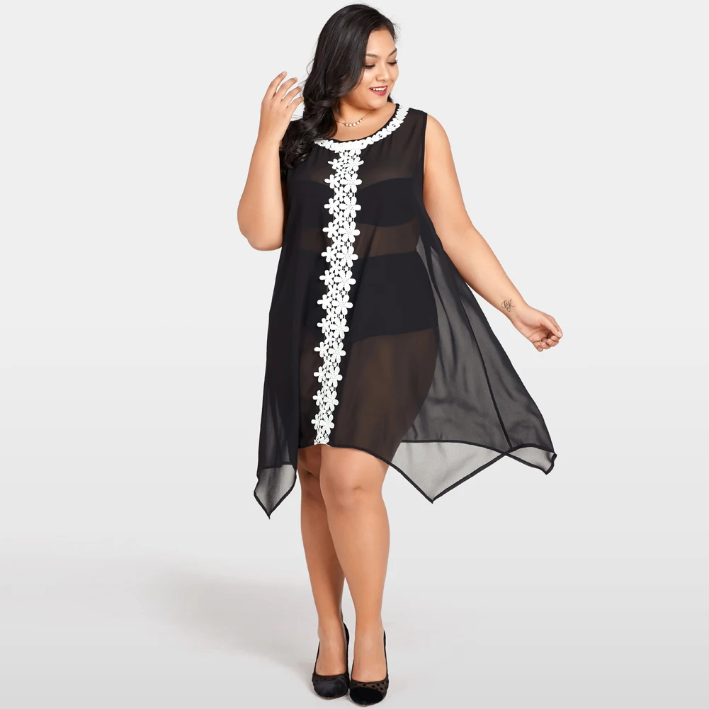 Romacci Crochet Lace Splice Transparent Dress Sexy Women Plus Size Chiffon Casual Sleeveless Beach Irregular Shift | Женская одежда