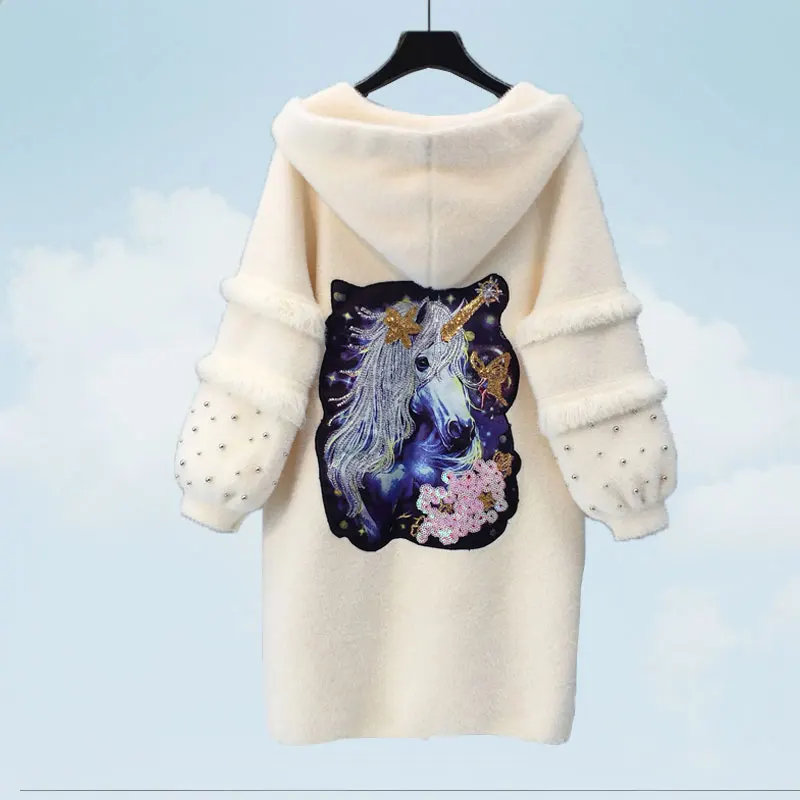 Autumn winter Velvet Hooded Cardigan Sweater Women Medium Long Loose Jacket Sleeve knitting Beading Feminine coat SS20 |