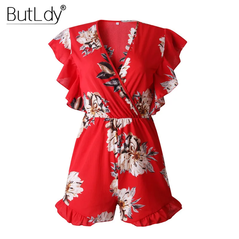 

Floral Print Rompers Womens Short Jumpsuits Summer 2019 Ruffles Loose Playsuit Sexy V Neck Red Casual Bodysuit Female Overalls