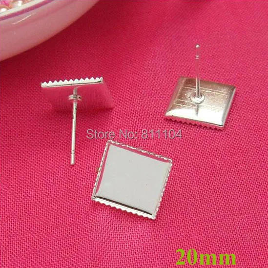 

20mm Silver Plated Brass Blank Earrings Bases Square Bezel Cabochon Settings Stud Pins Earrings post Crafts Findings Wholesale