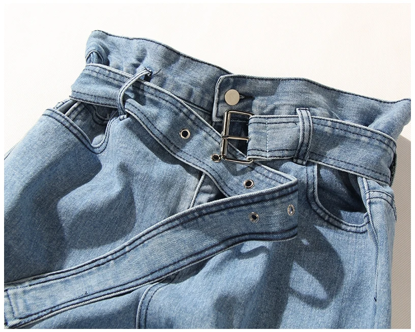 Retro High Rise Denim Pants Women Harem Capris Sash Tie Belt Ripped Holes Autumn Cuff Up Jeans IG Black Oversized Loose Trousers | Женская