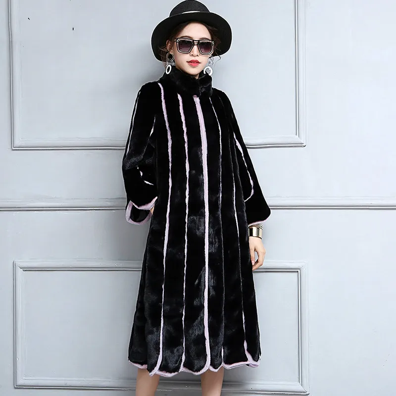 2019 New Women Faux Fur Coat Long Black and Purple Contrast Color Striped Patchwork Loose Overcoat Plus Size 5XL 6XL | Женская одежда
