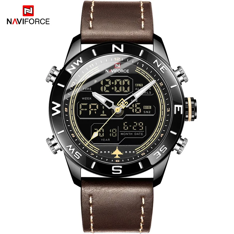 BYDBN Роскошные Брендовые мужские NAVIFORCE 9144 золотые армейские военные часы светодиодные цифровые кожаные спортивные часы кварцевые мужские часы - Цвет: BYDBN