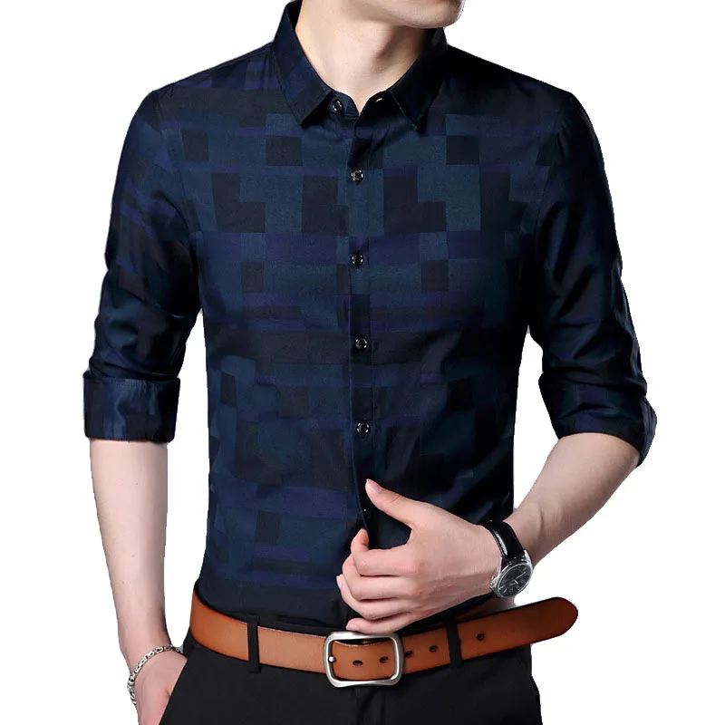 

Рубашка мужская в клетку, модная брендовая, на пуговицах, облегающая уличная одежда в клетку, с длинным рукавом