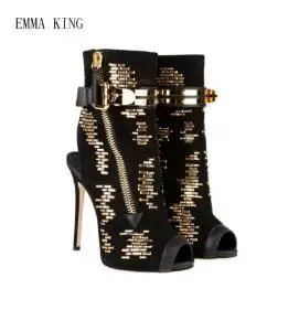 As Picture Emma king/Летние Босоножки с открытым носком, пряжкой и ремешком на щиколотке; женские босоножки-гладиаторы с золотыми заклепками, на каблуке, украшенные блестками, на молнии; 18 - Цвет: As Picture