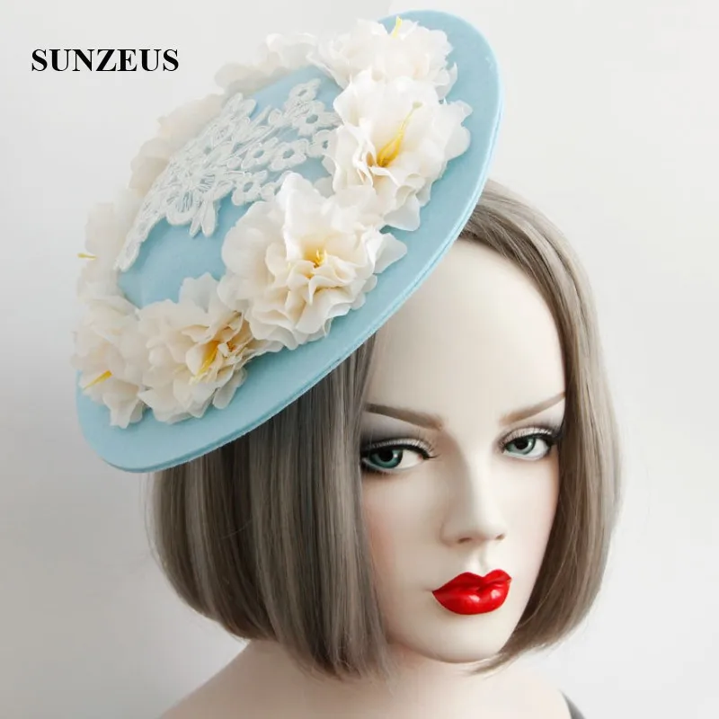 Blue Hat with Artificial Flowers Charming Bridal Wedding Hats Elegant Lace Holloween Party Girls Hair Accessories SH09 | Свадьбы и