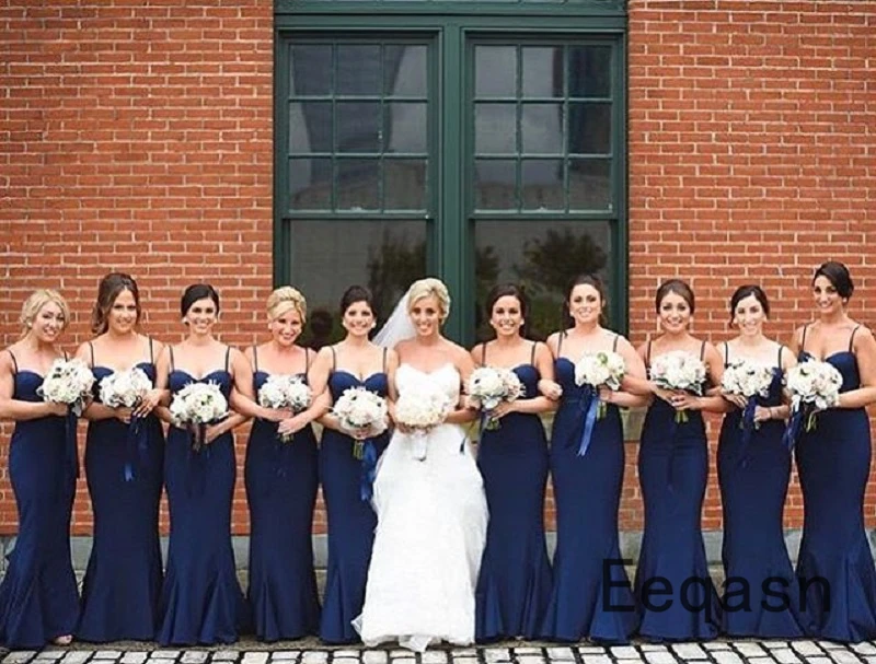 

Navy Blue Mermaid Long Bridesmaid Dresses 2020 Simple Floor Length Spaghetti Strap Satin Maid Of Honor Dress Party Cheap