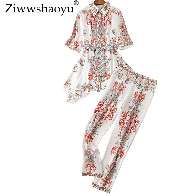 Ziwwshaoyu модные комплекты с принтом отложной воротник пояса Асимметричный Длинный топ+ полная длина комплект из двух предметов женский
