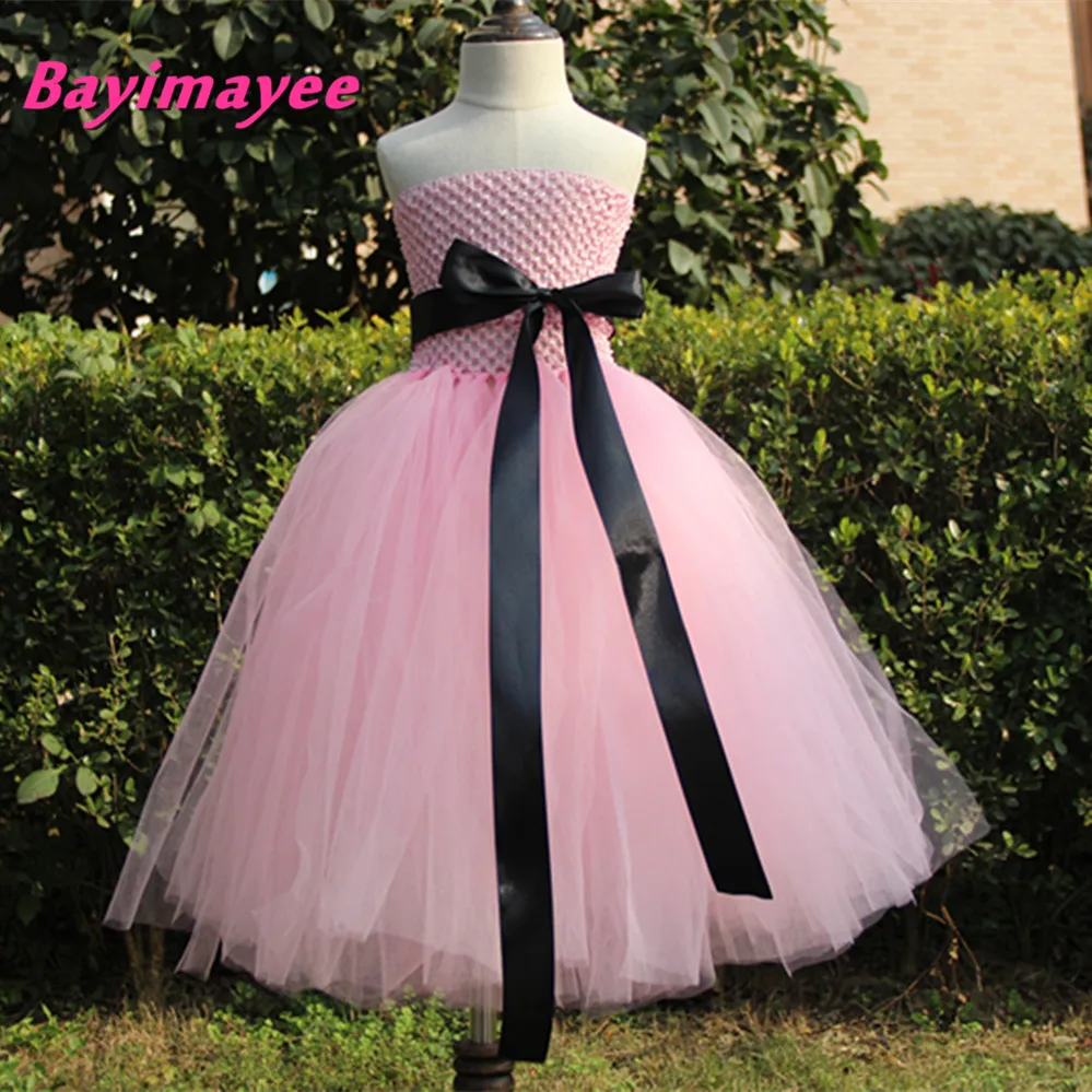 Cute Girls Pink Crochet Long Tutu Dress Kids Fluffy Corset Tulle Tutus Ball Gown with Ribbon Bow Children Wedding Party Dresses | Детская