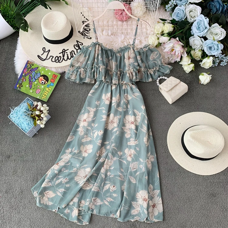Ailegogo New Women Holiday Beach Chiffon Long Dress Spaghetti Ruffles Female Floral Print Midi Dresses Ladies Backless Vestidos | Женская