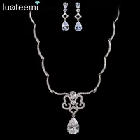 luoteemi wholesale luxury white gold color bridal wedding clear cz necklace earrings jewelry set for dinner party accessories