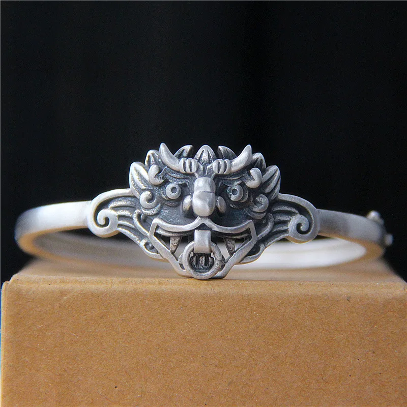 Pure Silver Jewelry Ancient Gods and Beasts Head Auxiliary Bracelet Nu Retro-archaic 990 Pepper Picture Dumpling | Украшения и