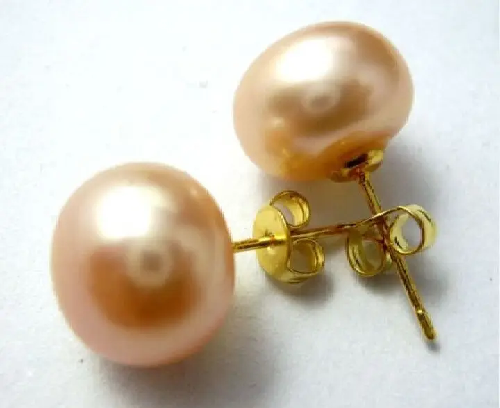 

free shipping Beautiful natural south sea 11-12mm pink pearl earring 14k/20 yellow gold needle @