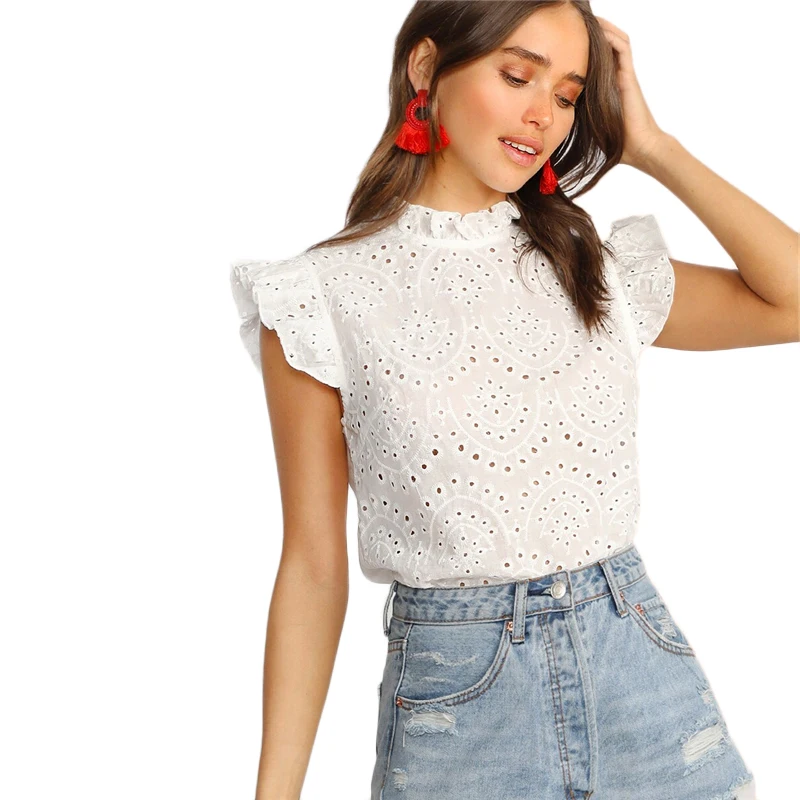 SHEIN модный топ с рюшами, вышивкой и ушками, Boho, белый, розовый, однотонный, без рукавов, со стоячим воротником, блузка, Женские топы и блузки