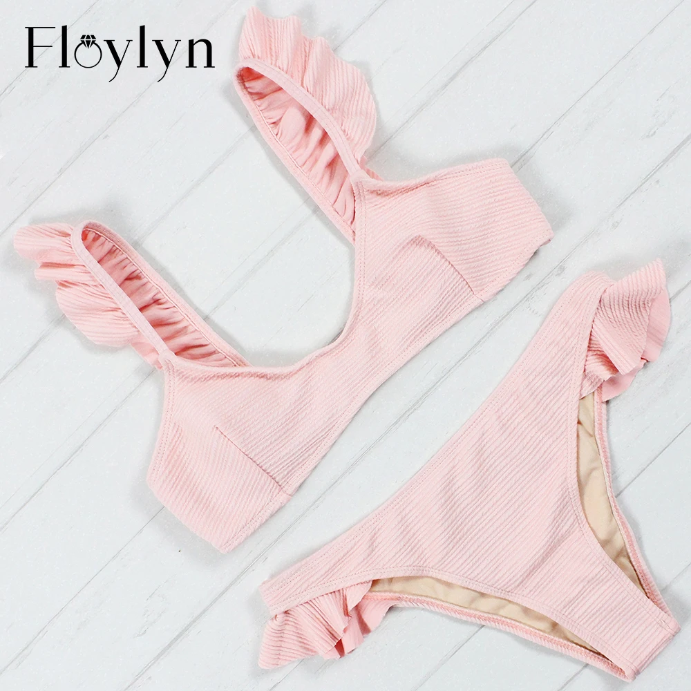 Floylyn, женский сексуальный комплект бикини с оборками, купальник, новинка, пуш-ап, для пляжа, с бретелькой через шею, бандажный купальник, купальный костюм, Maillot De Bain Femme - Цвет: FL01046