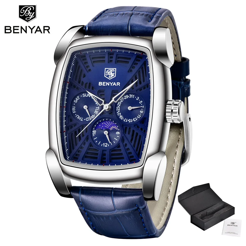 Silver Blue Наручные часы мужские Relogio Masculino кварцевые BENYAR модный синий топ бренд роскошный, кожаный, в деловом стиле Moon phanteed часы мужские часы - Цвет: Silver Blue