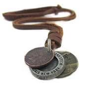 occident steampunk retro alloy coins pendant male necklace long genuine leather rope necklace for men jewelry 25 adjustable
