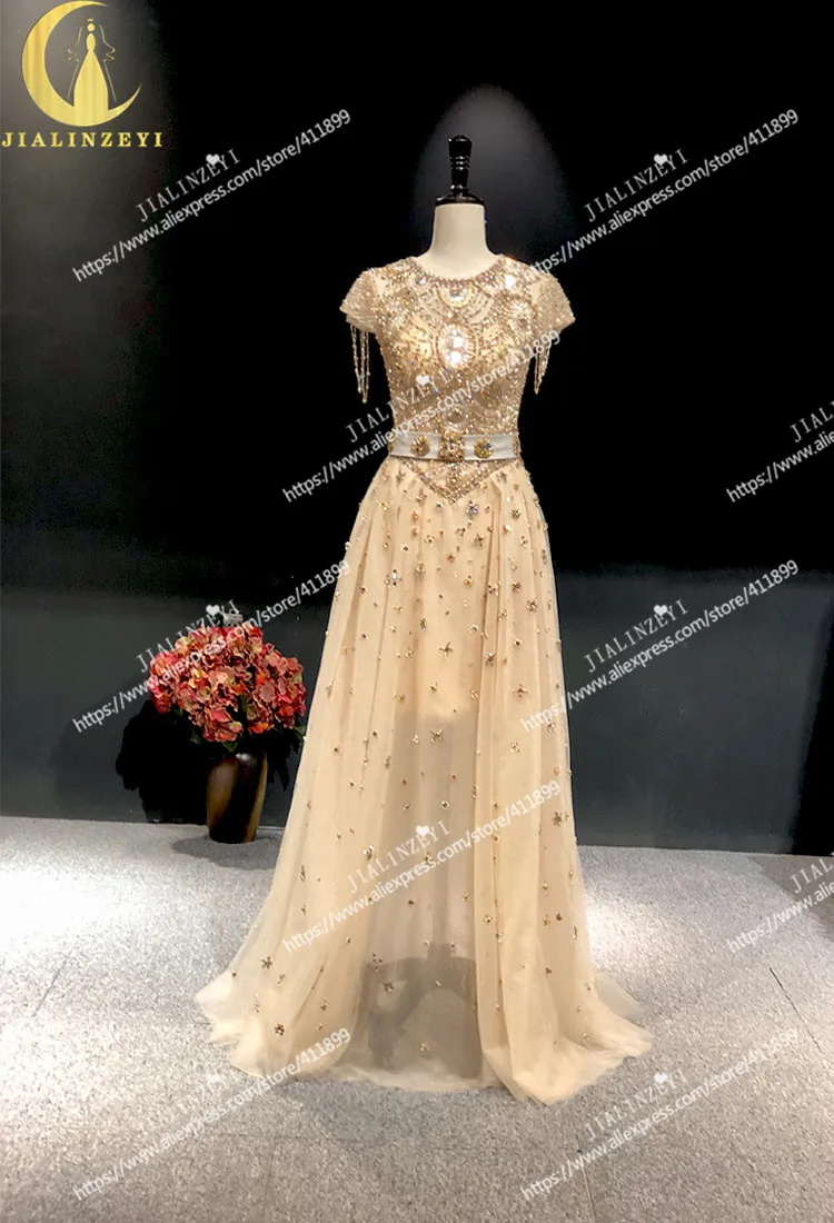 JIALINZEYI Real Picture Gold Beads Crystal Luxurious short sleeves Formal party Dress evening Dresses