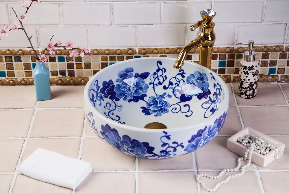 Художественное искусство Настольная раковина чаши синяя и белая керамическая