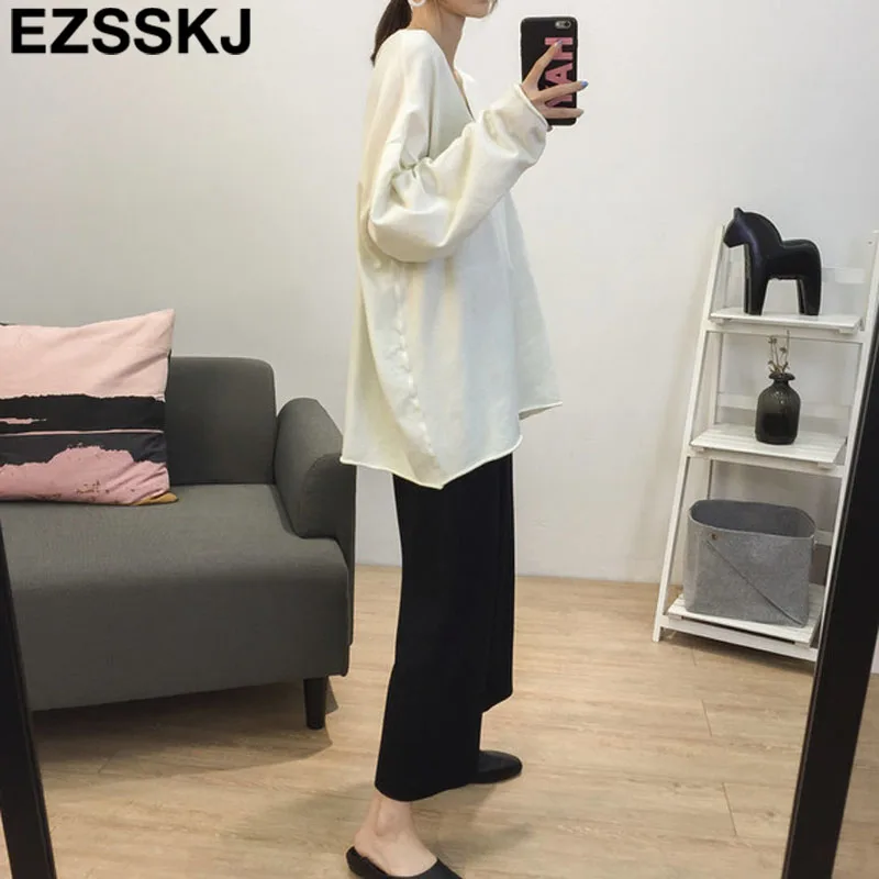 High Quality V-NECK spring autumn oversized Sweater Pullover Women big size Solid Knitted casual Female lazy | Женская одежда