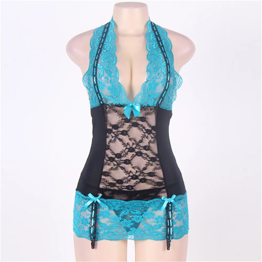 

Lace halter Frenulum Net yarn Splicing Hollow out Pajamas sexy lingerie plus size lenceria babydoll vestido transparente dress
