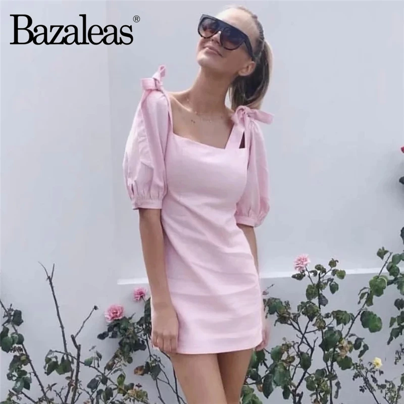 Женское винтажное мини-платье Bazaleas розовое облегающее платье с