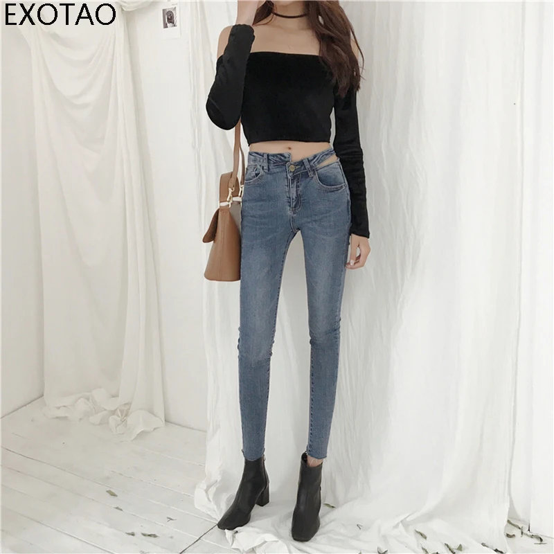 EXOTAO новые женские рваные джинсы тонкий высокая талия старинный карандаш брюки