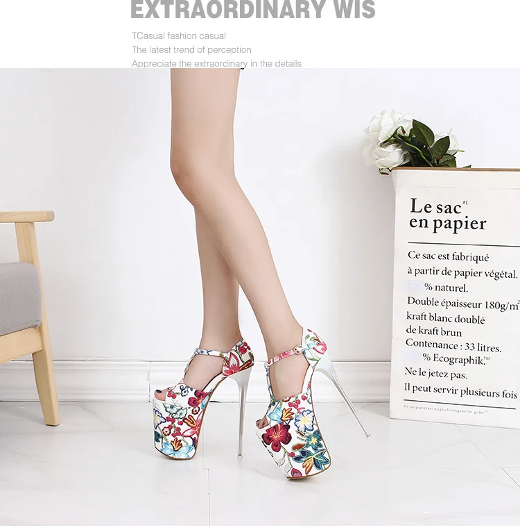 LLXF zapatos/Большие размеры: 34-42, 43, Летние Босоножки с открытым носком и цветочным принтом пикантные туфли на тонком высоком каблуке 20 см для ночного клуба женские туфли-лодочки на шпильке