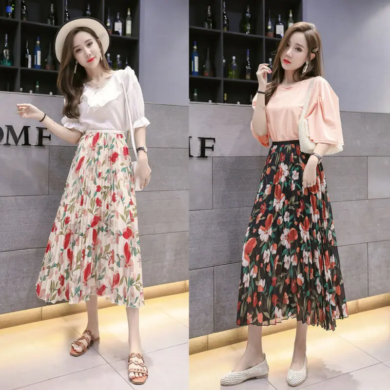 Fashion 2019 Women Chiffon Pleated BOHO Ladies Floral Jersey Gypsy Long Maxi Full Skirt | Женская одежда