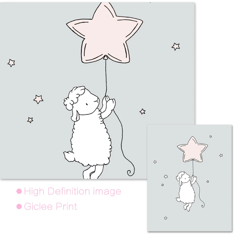 Ягненок луна и звезды Детские художественные принты розовый серый холст картина