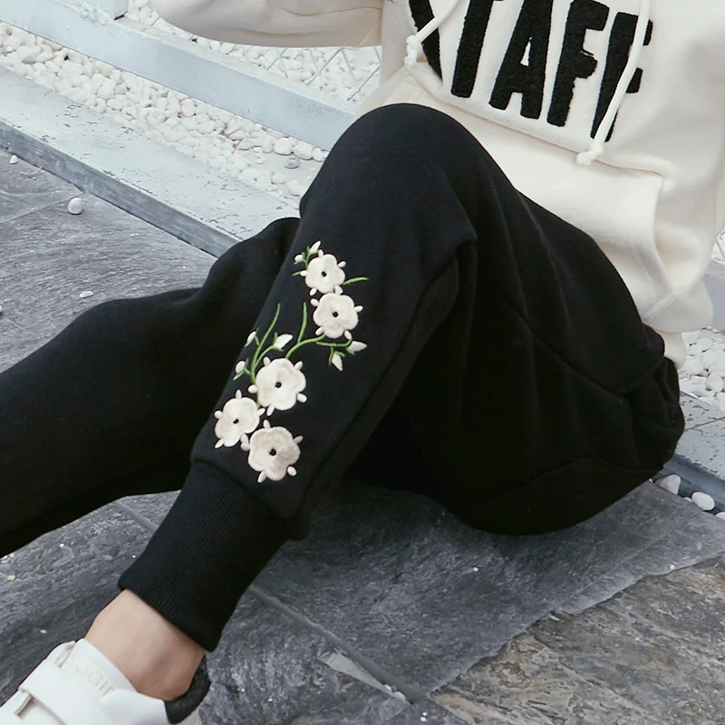 Autumn Winter 3D Embroidery Thick Harem Pants For Girls Trousers Child Fashion Warm Fleece Elastic Waist Kids | Детская одежда и