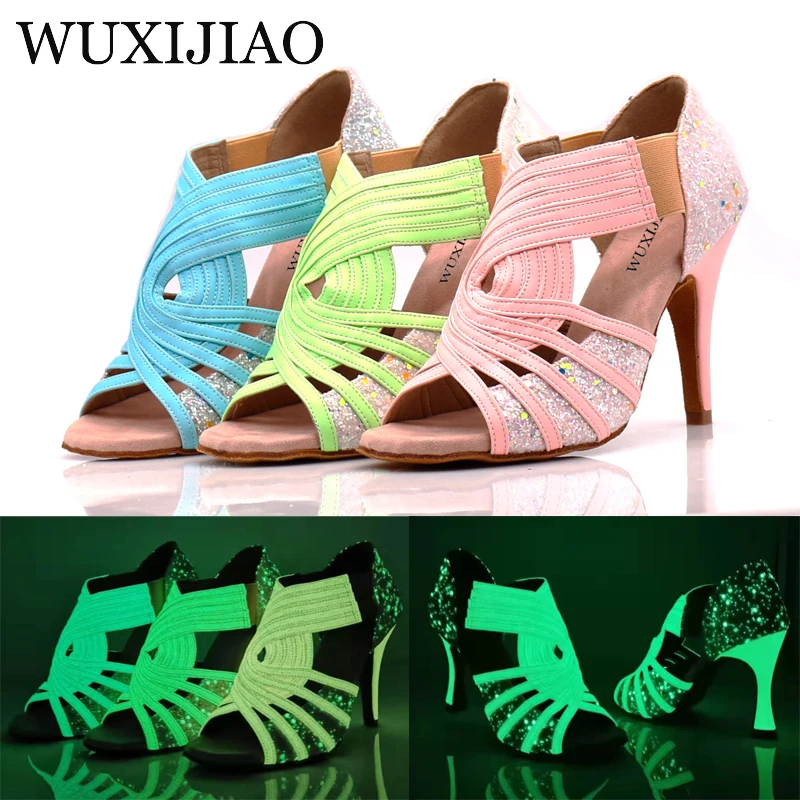 Latin dance shoes women's wide with blue pink green fluorescent PU flash cloth salsa dance performance ballroom dance shoes