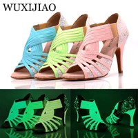 latin dance shoes womens wide with blue pink green fluorescent pu flash cloth salsa dance performance ballroom dance shoes