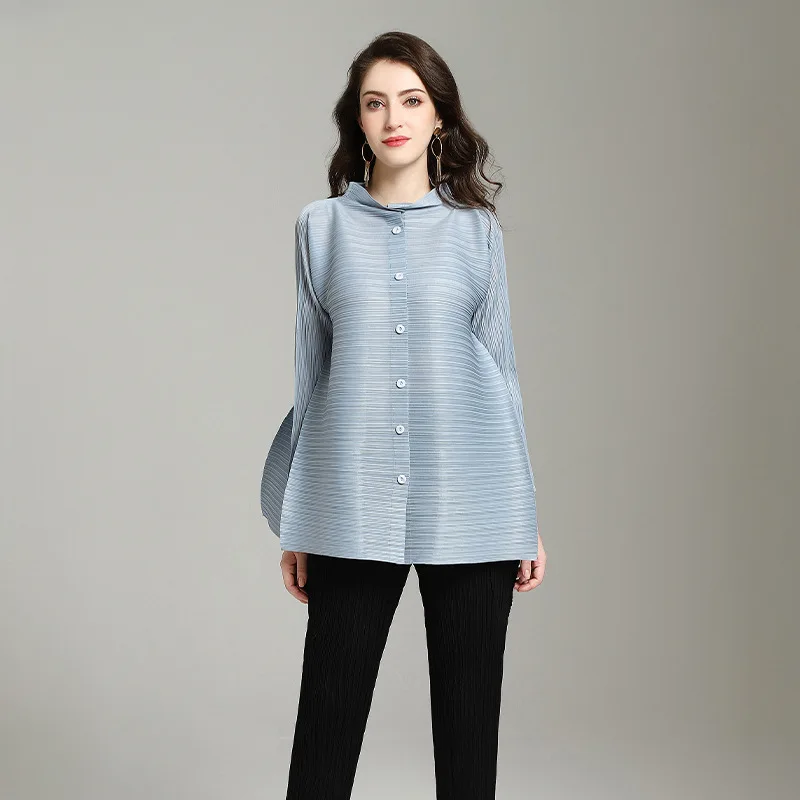 Light blue DEAT стильный Для женщин свободная блузка элегантные плиссированные Однобортный стенд воротник длинный рукав "летучая мышь" Повседневное Топы NA971 - Цвет: Light blue