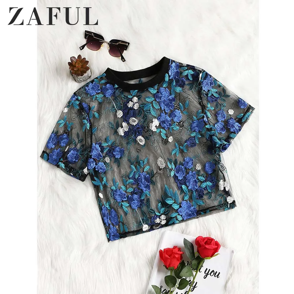Женская прозрачная блузка ZAFUL кружевная шифоновая с вырезом лодочкой и цветочным