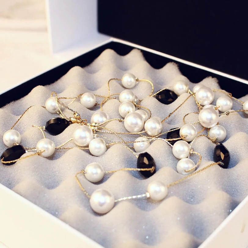 

Imitation Pearl Crystal Zircon Necklace Long Sweater Chain Simulated Pearls LadIes Necklaces Sweater Chain Necklace For Women