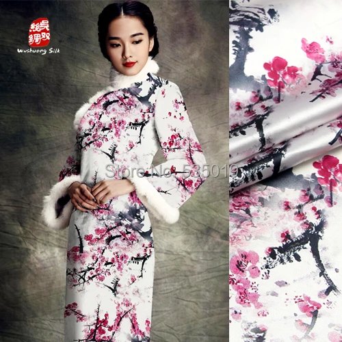 Высококачественная Розовая атласная ткань с принтом цветов сливы 97% шелковая 3%