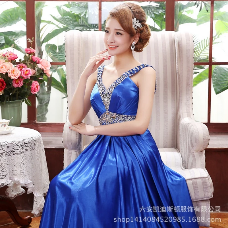 Diamonds Satin V-Neck 2018 new Women's elegant long gown party proms for gratuating date ceremony gala evenings dresses up 074 | Женская