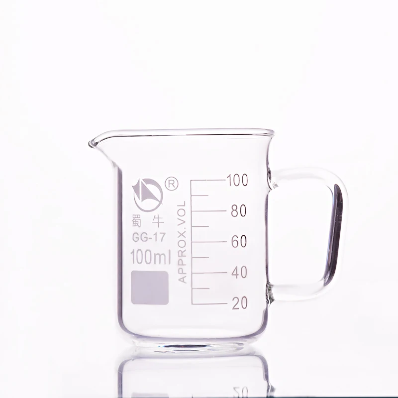 With handle beaker in low form,Capacity 100ml,Outer diameter=52mm,Height=72mm,Laboratory beaker with handle