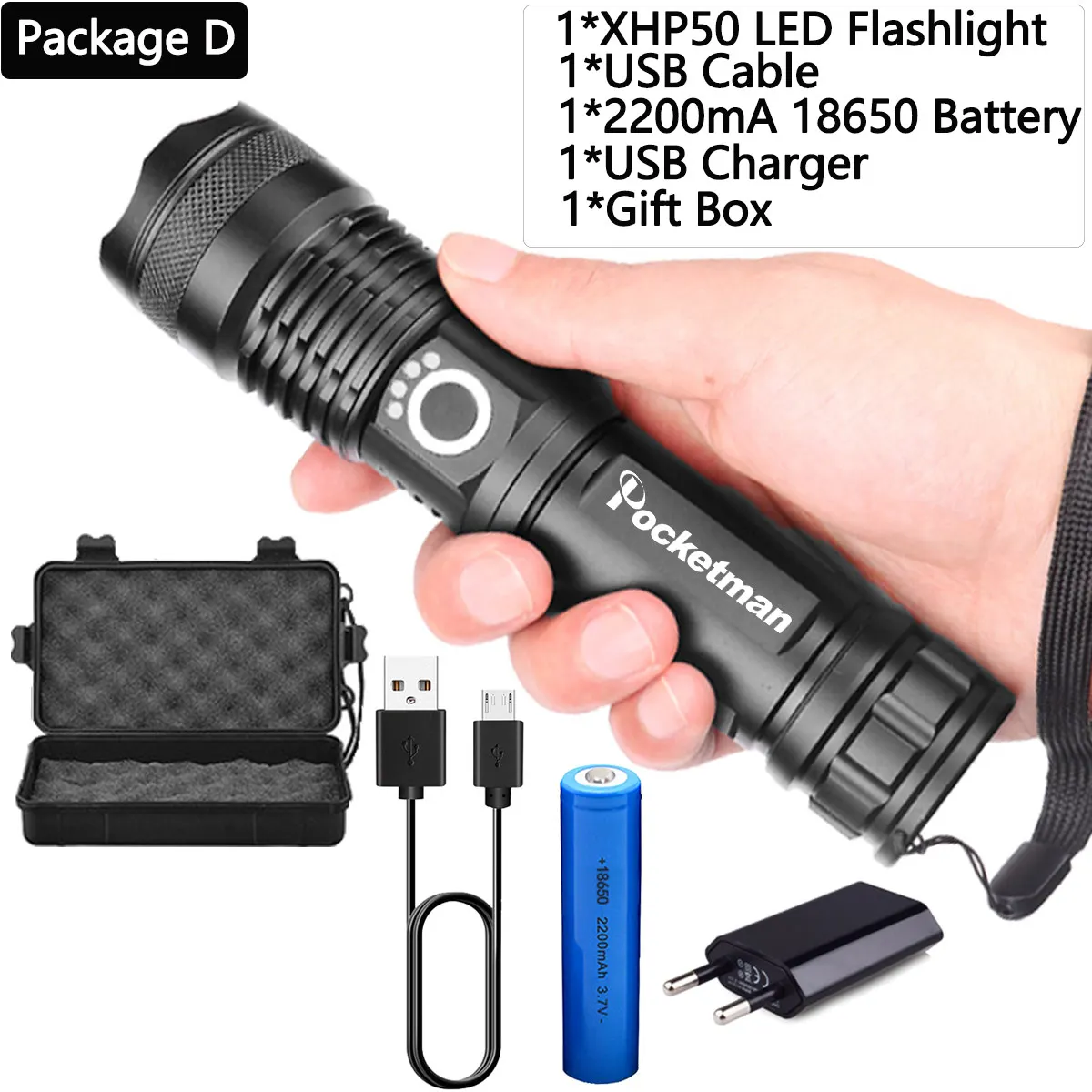 Package D Супер мощный 5 режимов лампы xhp50.2 мощный светодиодный фонарик usb Zoom СВЕТОДИОДНЫЙ Фонарь xhp50 18650 или 26650 перезаряжаемый аккумулятор для охоты - Испускаемый цвет: Package D