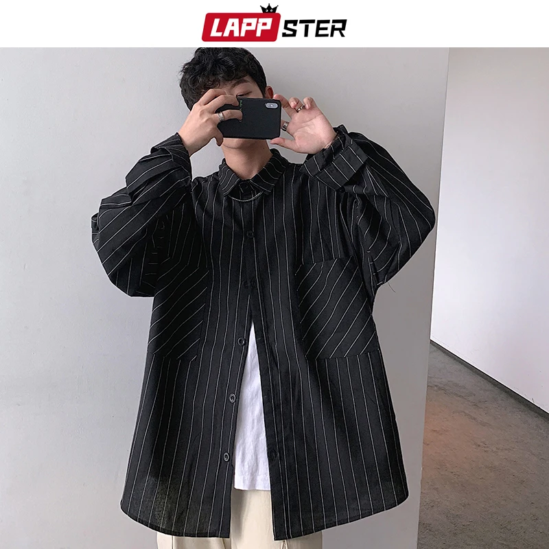 LAPPSTER Men Stiped Shirts Streetwear Casual Man Black Oversized Shirts White Harajuku Vintage Long Sleeve Shirt For Men