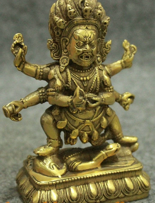 Тибетское серебро латунь Буддизм Joss Ваджра защиты 6 Руки Махакалы Будда сиденья