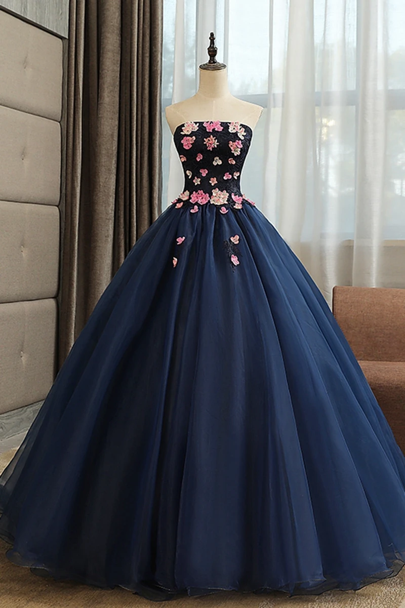 Темно синие длинные кружевные бальные платья Quinceanera 2019 с цветами без бретелек