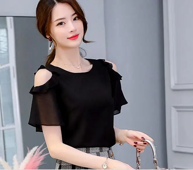 2019 летняя модная блуза рубашки Рубашка с короткими рукавами офисная блузка шифон