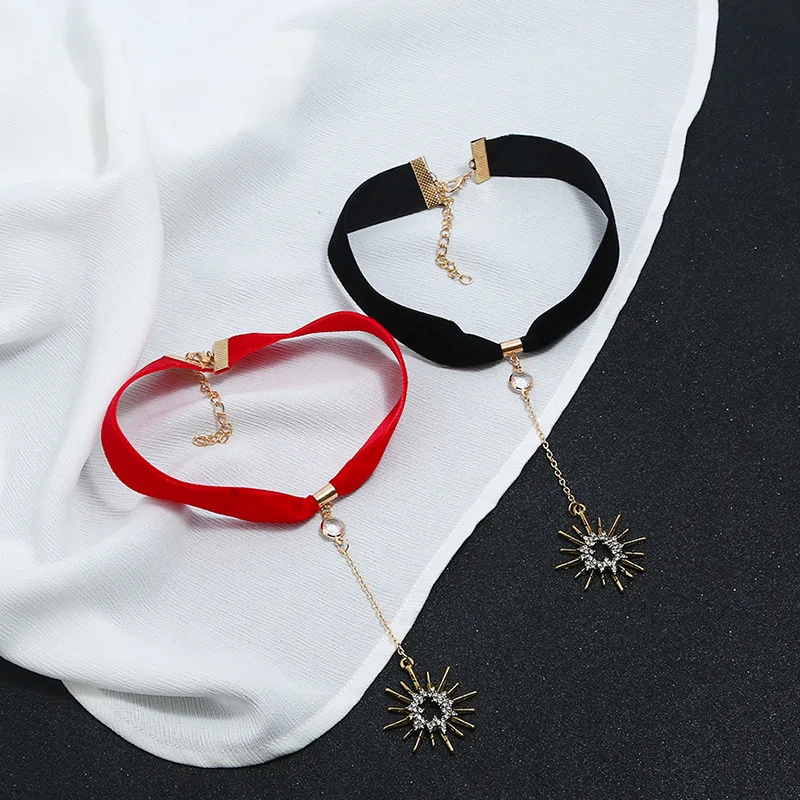 Choker Necklace Black Velvet Strip Woman Collar Party Jewelry Neck Accessories White Cubic Zircon Ray Necklaces For Women | Украшения и