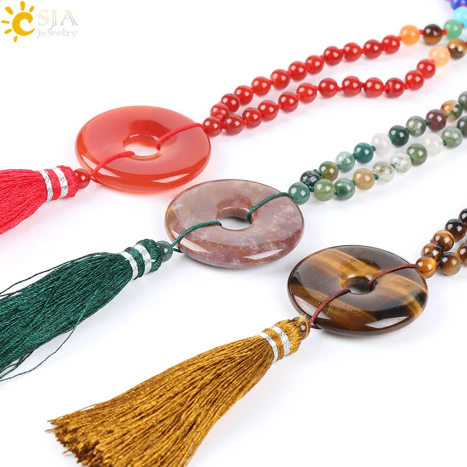 CSJA Reiki Boho Tassel Necklaces Chakra 6mm Natural Gem Stones Yoga Mala Bead Pink Quartz Round Donut Pendant Long Necklace E800 |