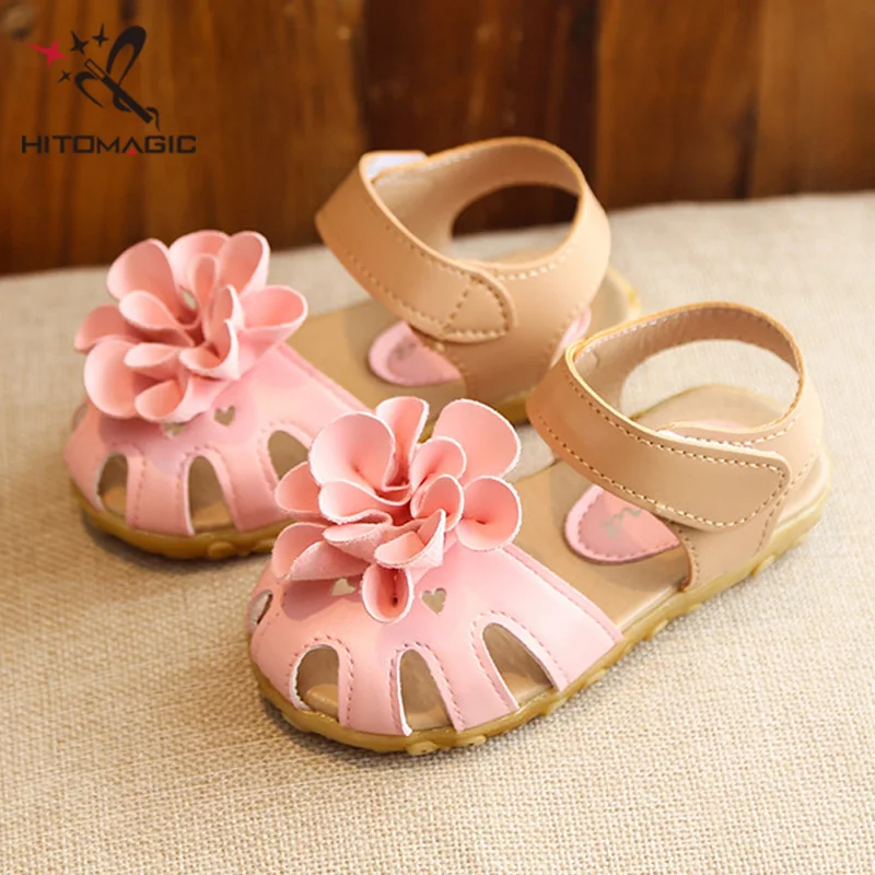 HITOMAGIC сандалии для девочек кожаные с цветами вырезами детская обувь маленьких