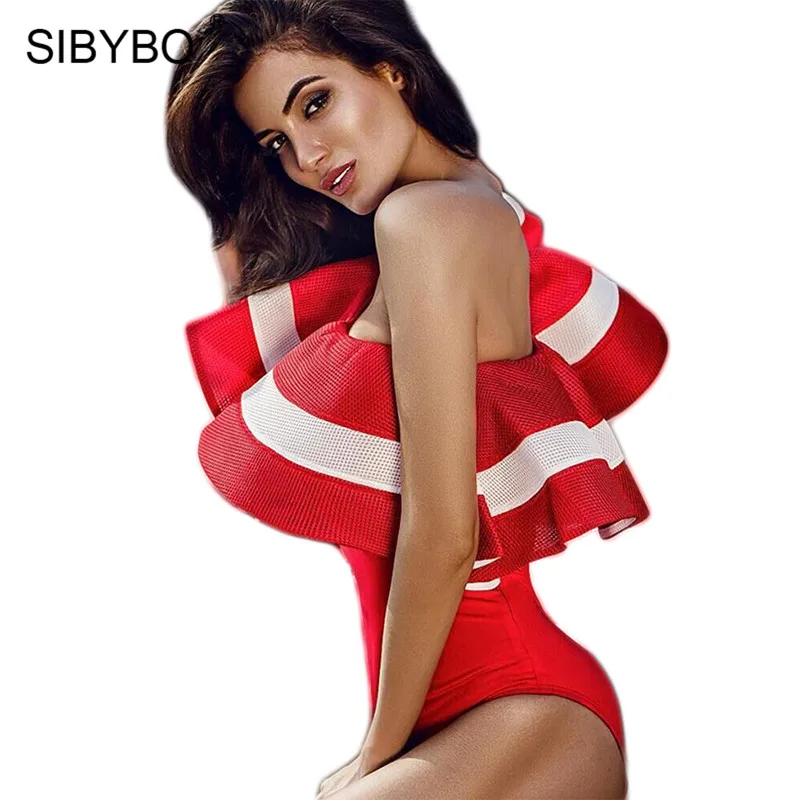 Женский Короткий комбинезон Sibybo красный гимнастический с оборками и открытыми